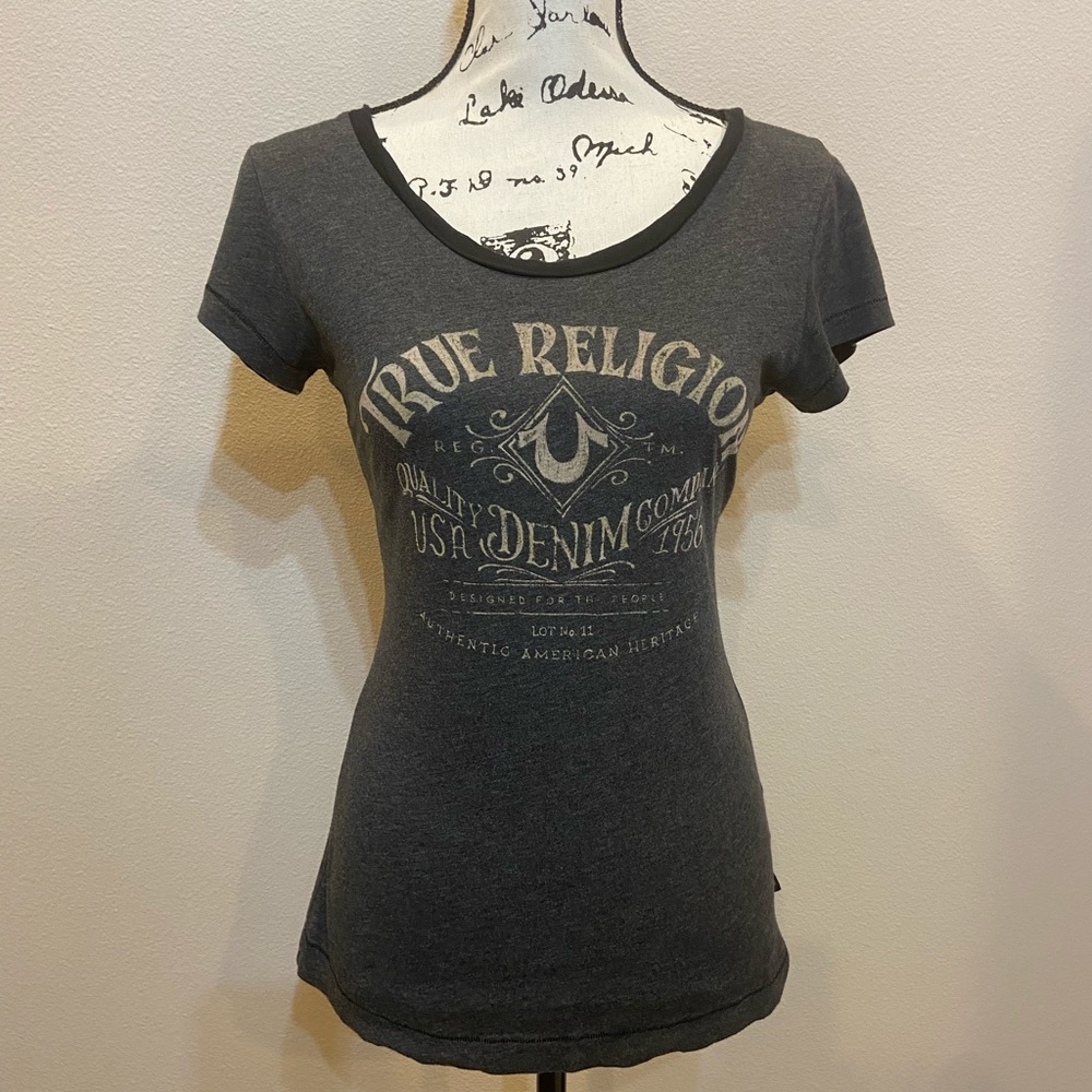 True Religion Horseshoe Tee Logo Short Sleeve Women’s T Shirt Gray Black Small